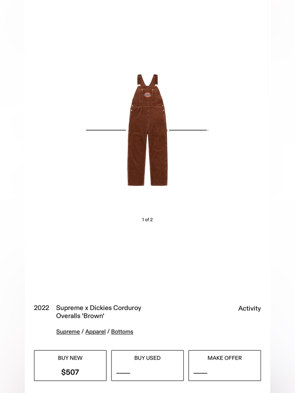 Dickies x Supreme Brown Corduroy Overalls with Logo Patch size XL
